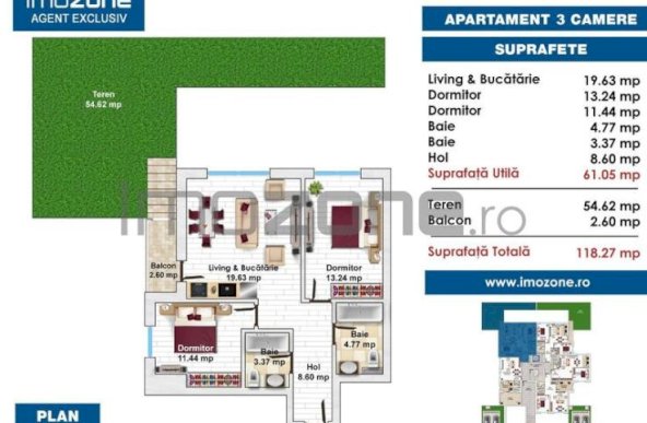 3 CAMERE LA PARTER CU CURTE PROPRIE DE 57MP,  2 BAI, POZITIE PE SUD, COMISION 0%