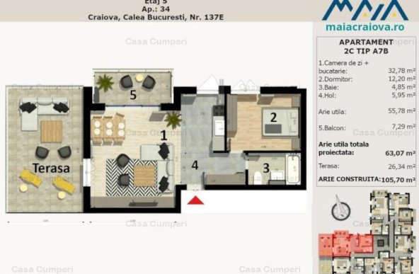 Apartament 2 Camere | Craiova Calea Bucuresti | Vis-A-Vis Mall | 58.74 mpc