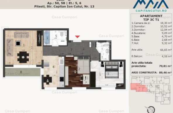 Negru Voda: Apartament 3 camere, confort 1, decomandat, central