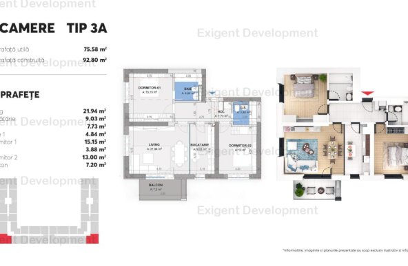 Apartament 3 camere tip A in Complex Plaza Residence Faza 6