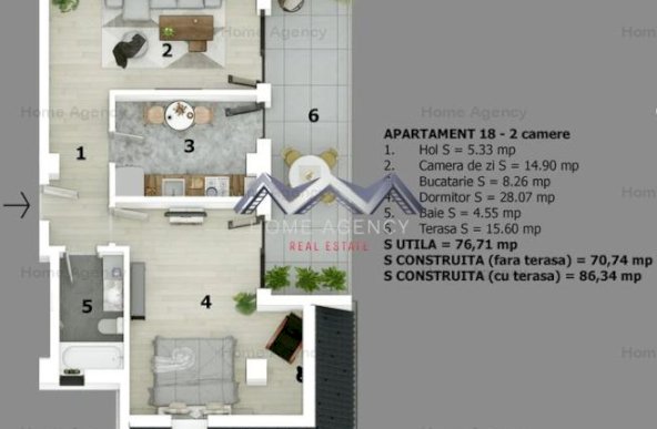 Apartament 2 camere Otopeni | 61 mp, bucătărie închisă