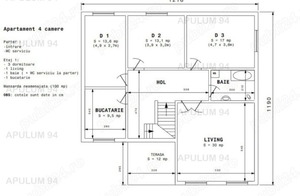 Inchiriere Apartament 4 camere ,zona Aparatorii Patriei ,strada Mosoaia ,nr 70 ,650 € /luna 