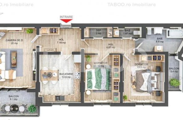 Apartament de 83 mpu 3 camere 2 bai 2 balcoane COMISION 0% in SIBIU