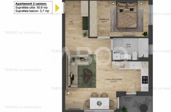 COMISION 0% Apartament cu 2 camere 51 mpu si balcon zona Doamna Stanca